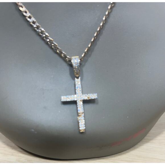 Vintage 925 Italy Gold Tone Rhinestone Cross Pendant Necklace - Picture 3 of 10